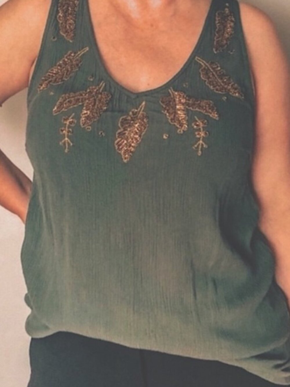 Next Green Embellished Tank Top with Gold Accents